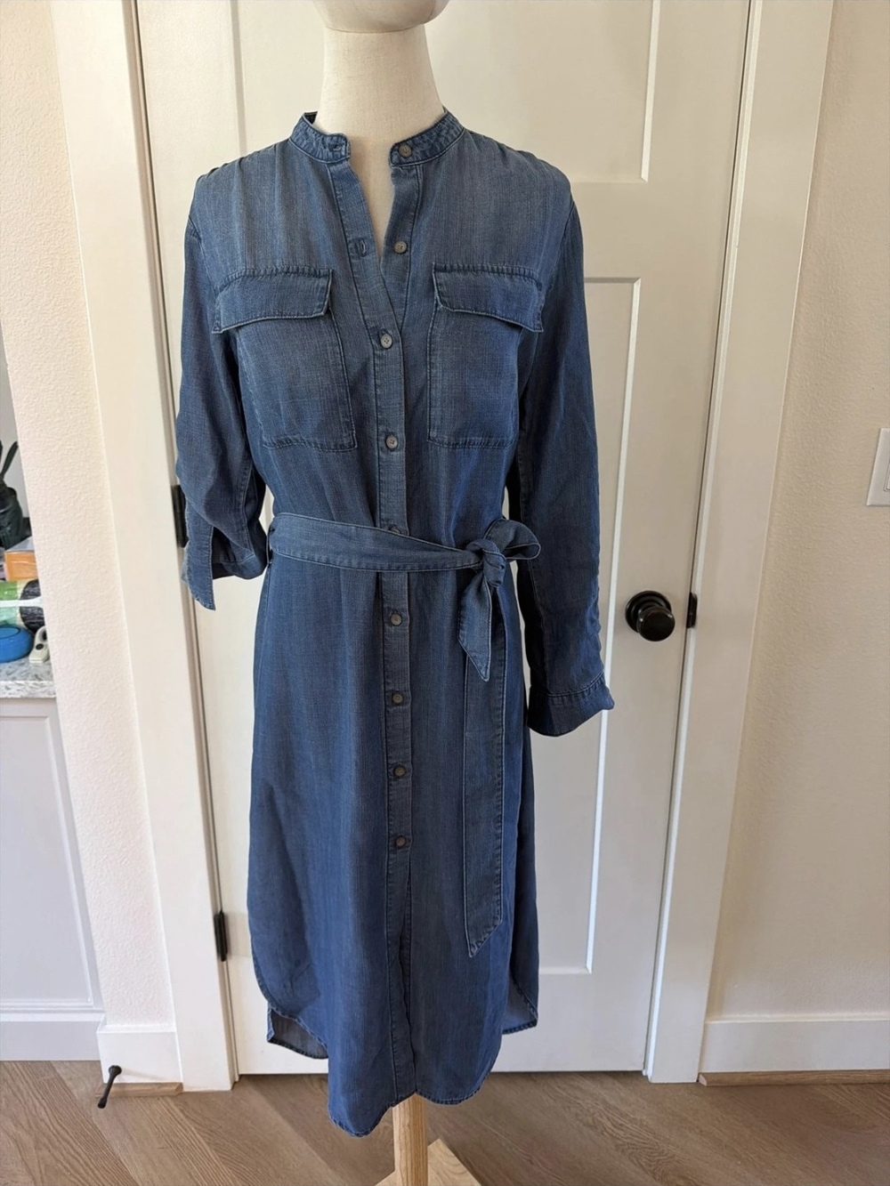 Evereve Indigo Denim Midi Shirt Dress with Tie Waist